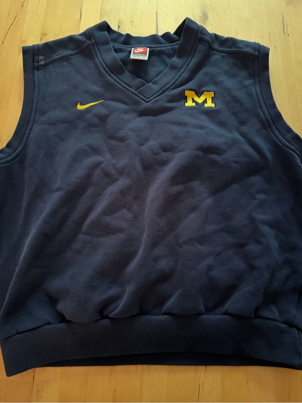 Nike Navy Blue Sleeveless Fleece Vest with Yellow 'M' & Swoosh